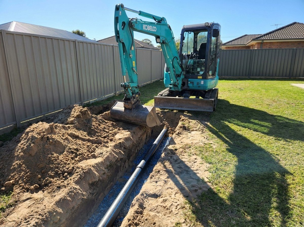 Mini excavator digging a drainage trench with stormwater pipe laid