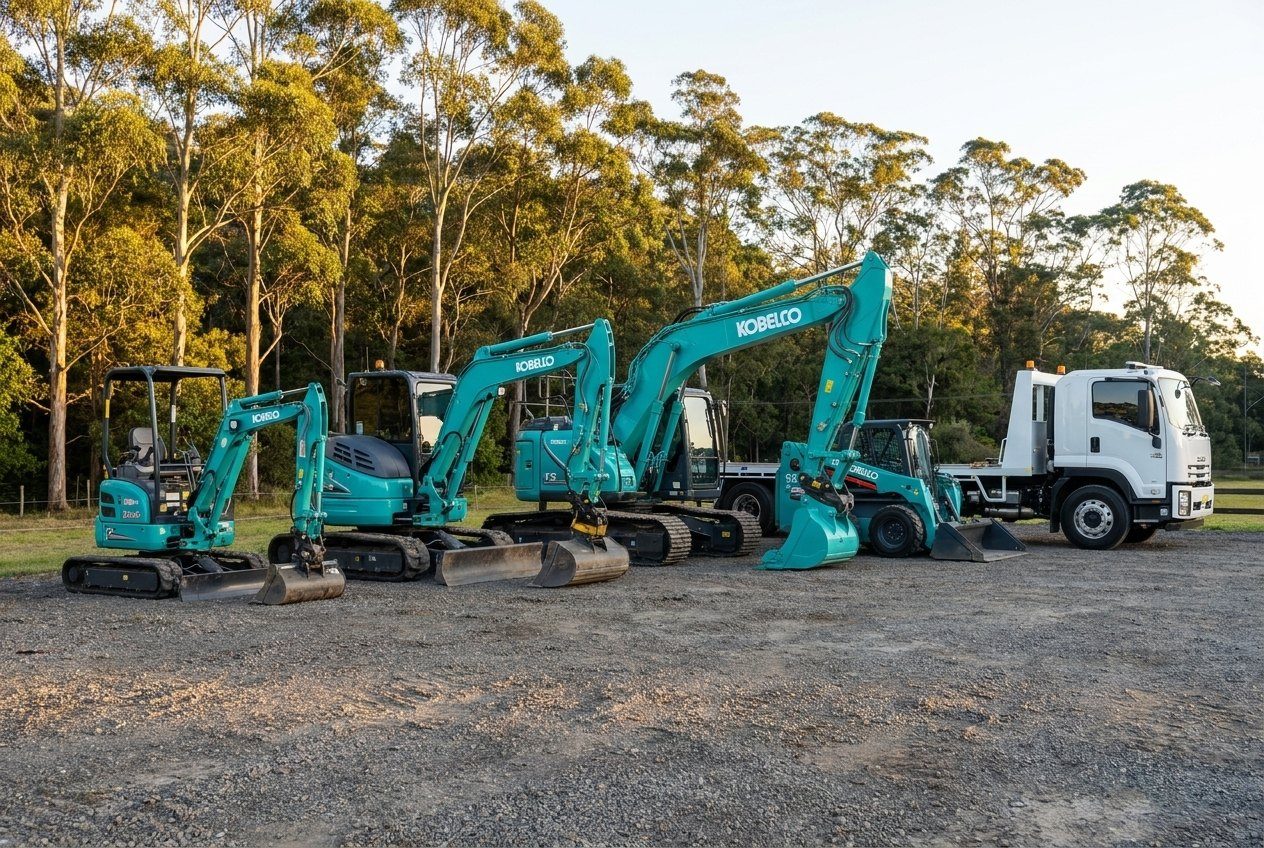 Fleet of Kobelco excavators and a skid steer lined up in the yard