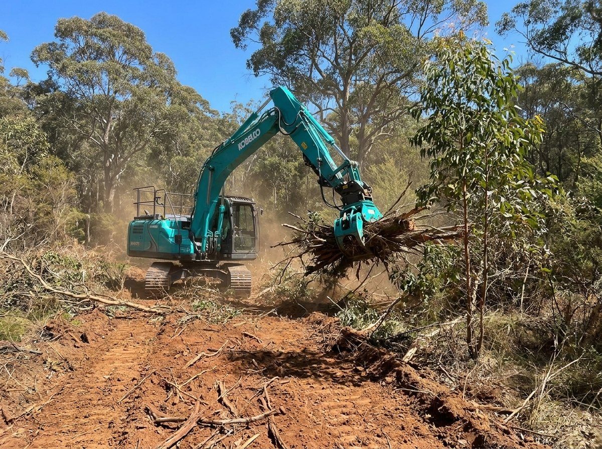 Excavator with grab clearing scrub for a fire break on a bush block