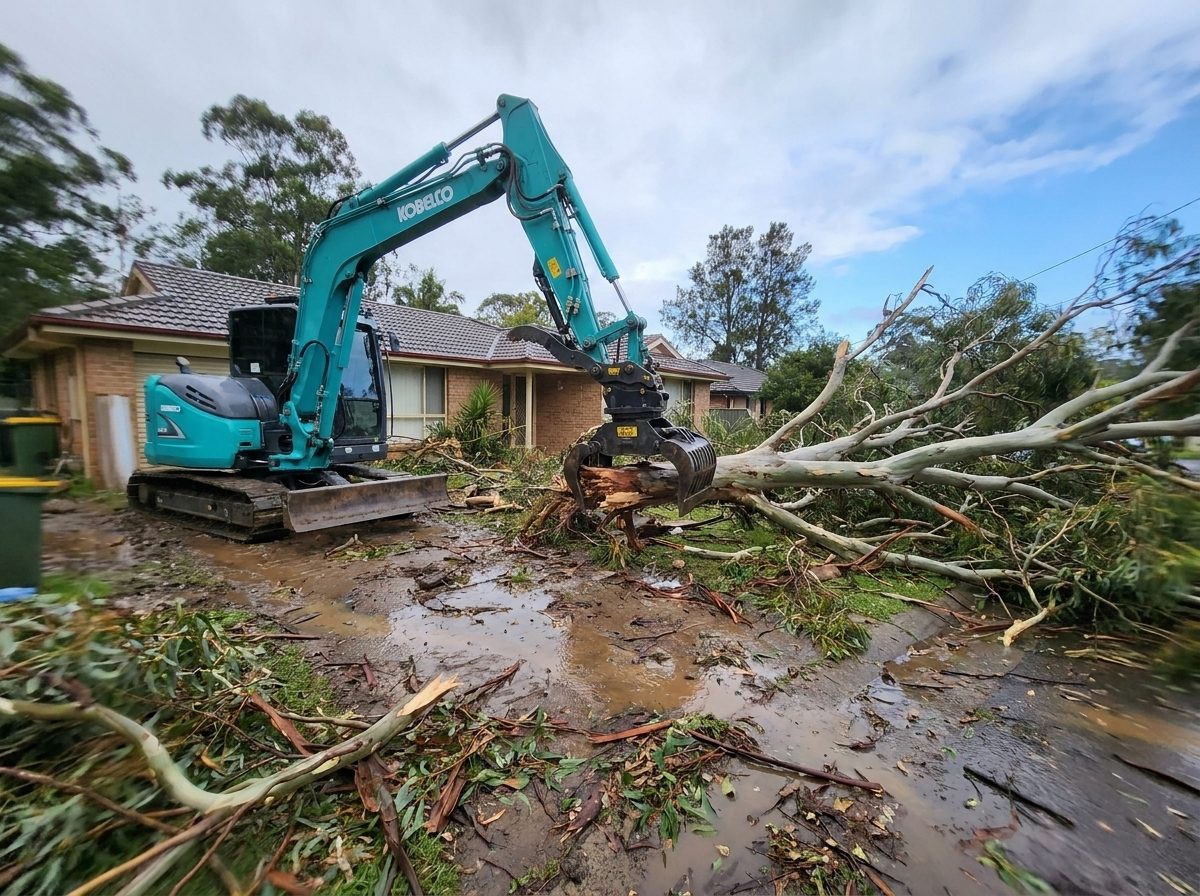 Excavator clearing a storm-fallen tree from a driveway